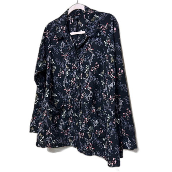 Comfy USA Button Up Blouse Tunic Womens Medium Black Floral Oversized Pockets - Picture 2 of 7